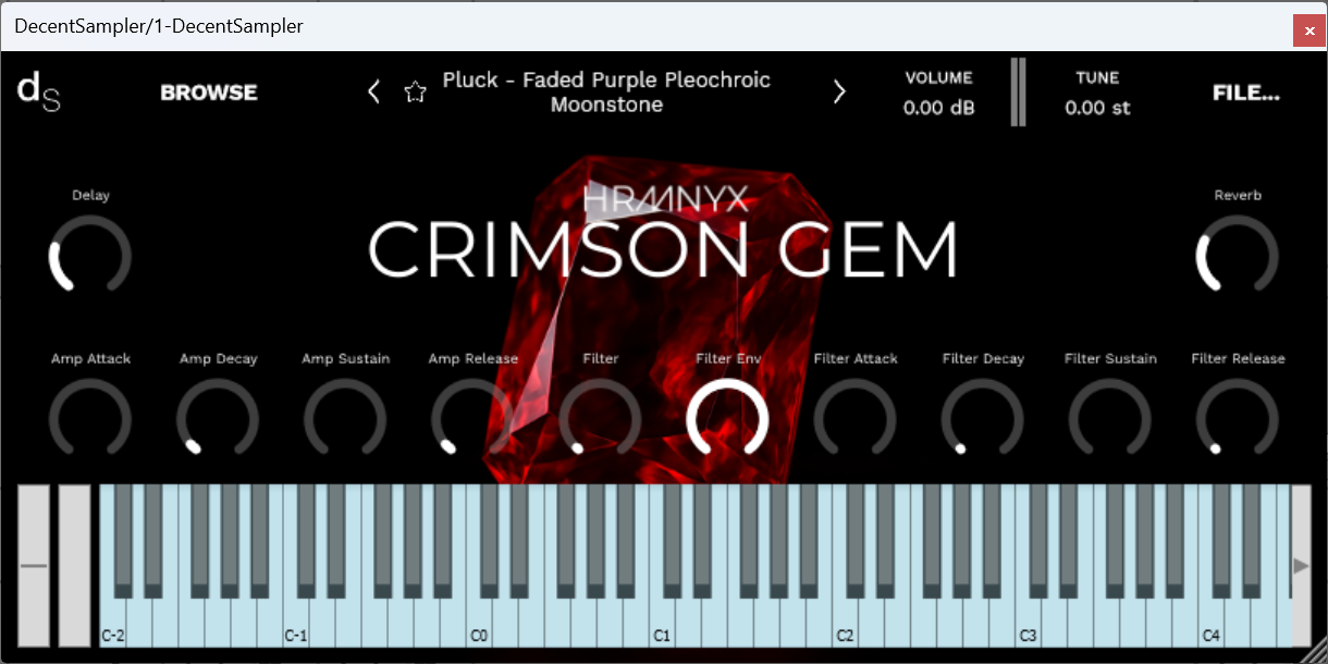 A screenshot of the Crimson Gem Sample Library instrument interface in Decent Sampler.